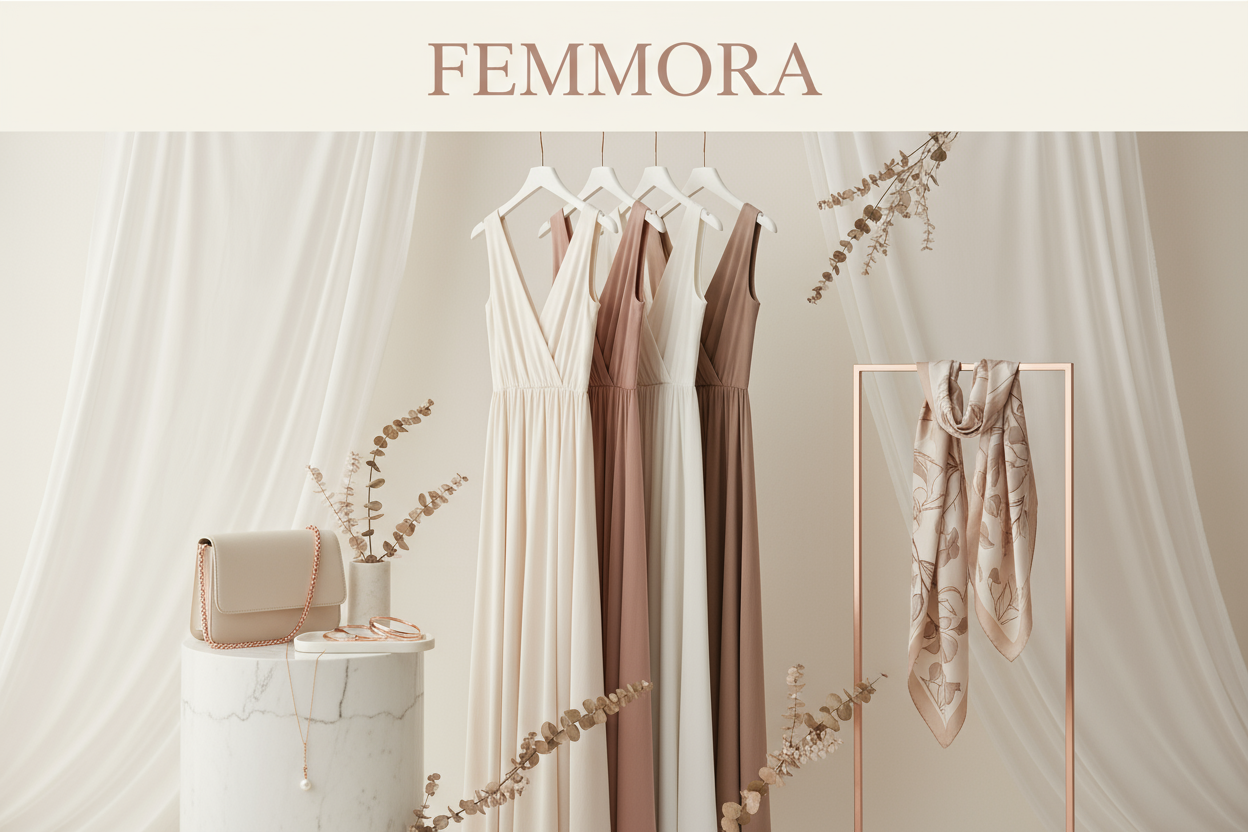 A modern, clean, and visually balanced e-commerce banner designed in the same color palette as my store (soft neutrals with elegant accents). The banner showcases the store’s main products: stylish dresses, accessories, and shoulder bags — arranged in an aesthetically pleasing layout with soft lighting and minimal shadows. Add subtle decorative elements that give a premium boutique feeling. The overall composition should feel elegant, inviting, and high-quality. Include the store name clearly at the top 